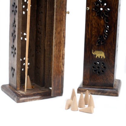 Square Incense Tower - Brass inlay - Mango Wood X 1 - Image 3