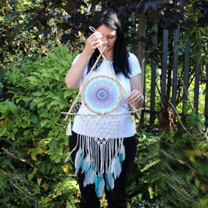 Protection Dream Catcher - Lrg Macrame Pyramid White/Turquoise X 1 - Image 2