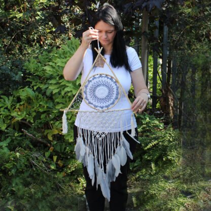 Protection Dream Catcher - Lrg Macrame Pyramid White/Grey X 1 - Image 3