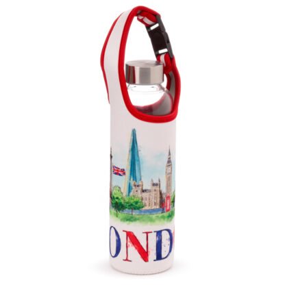 Reusable 500ml Glass Water Bottle with Protective Neoprene Sleeve - London Icons 1 Pack