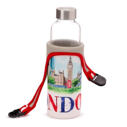 Reusable 500ml Glass Water Bottle with Protective Neoprene Sleeve - London Icons 1 Pack - Image 3