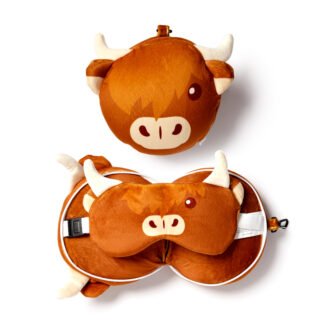 Highland Coo Cow Relaxeazzz Plush Round Travel Pillow & Eye Mask Set 1 Pack